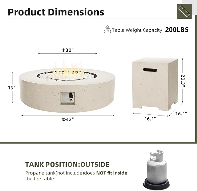UPHA 42-inch Outdoor Propane Gas Fire Pit Table 50000 BTU Concrete Round FirePit for Outside Patio with Propane Tank Cover, White Glass Rocks, Rain Cover,Beige