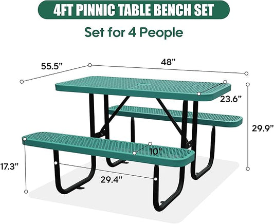 4FT Outdoor Picnic Tables,Heavy-Duty Metal Rectangular Picnic Table,Expanded Metal Commercial-Grade Table with 2 Benches & Umbrella Hole,Waterproof Coating Beach Table for Patio,Garden, Backyard