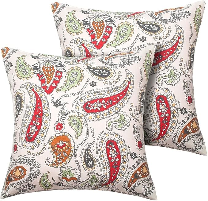 Magpie Fabrics Pack of 2 Outdoor Waterproof Throw Pillow Covers 18 x 18 Inch, Christmas Decorative Cushion Sham Pillowcase Shell for Garden Patio Tent Balcony Couch Sofa(Paisley Red Beige)