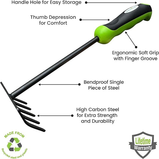 Garden Guru Hand Rake Cultivator Tiller Tool – Strong Carbon Steel for Ultimate Strength - Rust Resistant – Ergonomic Handle – Great for Gardening Cultivating Loosening Weeding Mulching Soil Prep