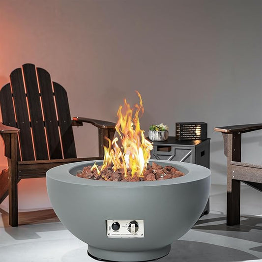 28-Inch Propane Fire Pit with Natural Gas Conversion Kit, 58,000 BTU Round Gas Fire Pit Table, Outdoor Fire Bowl Firepit with Lid, Lava Rocks, Cover, Pre-Attached 10FT Propane Hose, Gray