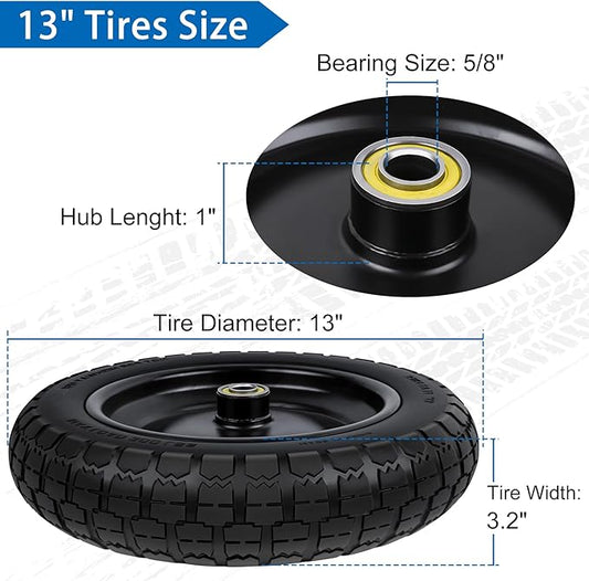 13 Inch Flat Free Wheels Tires 4.00-6 Solid Replacement with Universal 5/8" Axle Bore Hole, 8 Spacers and 4 Pins, for Wheelbarrow, Garden Wagon, Hand Truck, Trolley, Lawn Mower, 2 Pack