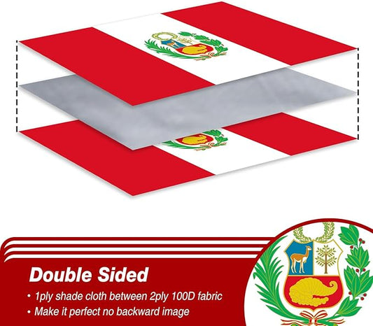 Peru Peruvian Flag 3x5 ft Outdoor, Double Sided 3 Ply Heavy Duty Peru National Country Flag, 100% Quality Polyester Peruvian Banner with Brass Grommets 4 Rows Stitches