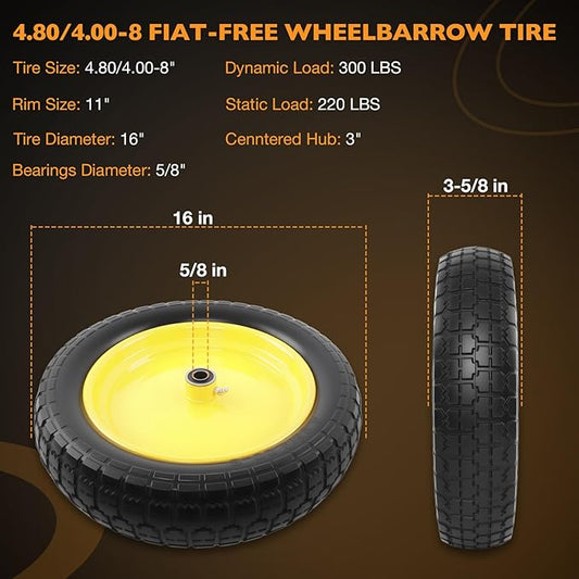 HQPASFY 2 Pack 16" Flat Free Tire 4.80/4.00-8 Wheelbarrow Tire and Wheel, 3" Centered Hub, 5/8" & 3/4" Bearings Replacement for Wheelbarrows, Garden Carts, Dump Carts, Lawn Equipment