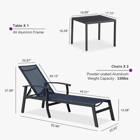 PURPLE LEAF Chaise Lounge Chair Outdoor 2 Pieces Pool Lounge Chairs 5 Adjustable Position with Armrests and Side Table Aluminum Patio Lounge Chair for Outside Backyard Beach Pool, Deep Blue