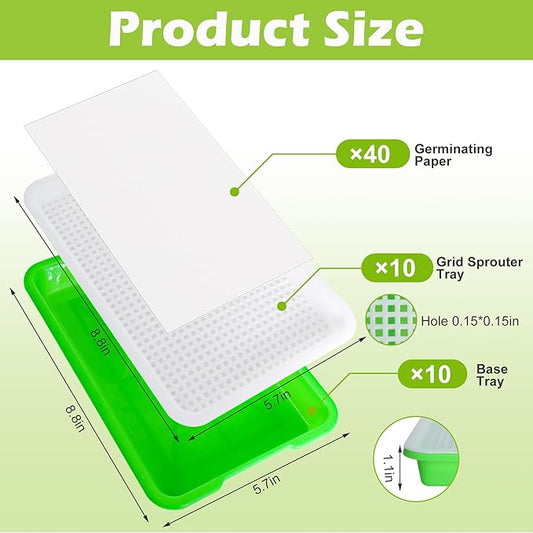 EBaokuup 10Pcs Seed Sprouter Tray with Drain Holes - BPA Free Seed Garden Plant Germination Propagation Trays, Soil-Free Wheatgrass Tray Sprouter Microgreens Growing Kit with Germinating Paper