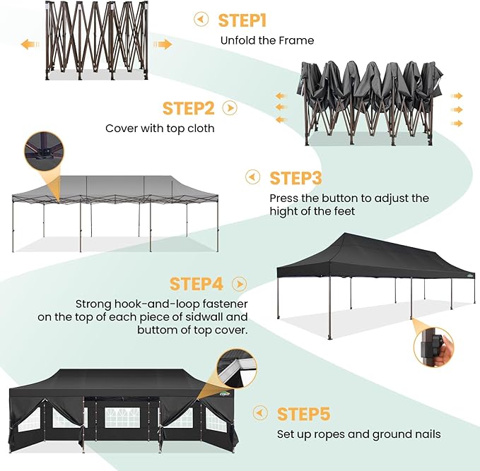 COBIZI 10x30 Heavy Duty Pop Up Canopy with 8 Sidewalls and Hexagonal Legs, Easy up Tent for Parties, Wedding and Commercial, Outdoor Canopy with Carry Bag, Sand Bags, Waterproof & UPF50+ (Black)