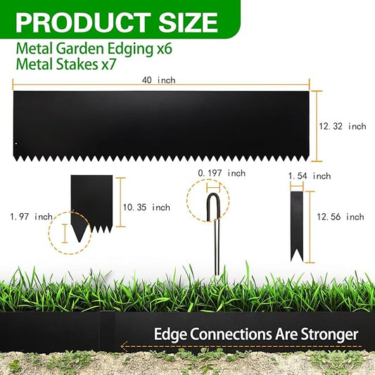 Metal Landscape Edging 6 Pack 40" L x 12.5" H,Galvanized Bendable Metal Garden Edging,Hammer- in Steel Landscape Edging with a Pair of Gloves and 7 Clips,Black (20 FT Total)