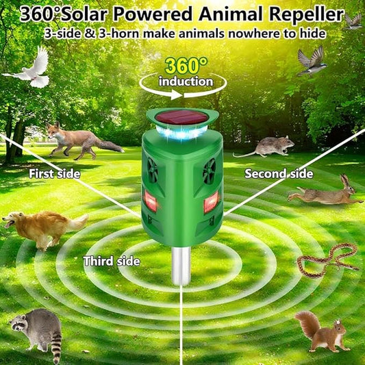 360°Solar Ultrasonic Animal Repellent, Deer Repellent Devices Cat Repellent Outdoor, Waterproof Squirrel Raccoon Rabbit Skunk Dog & Bird Deterrent with Motion Sensor & Flashing Light for Garden Yard