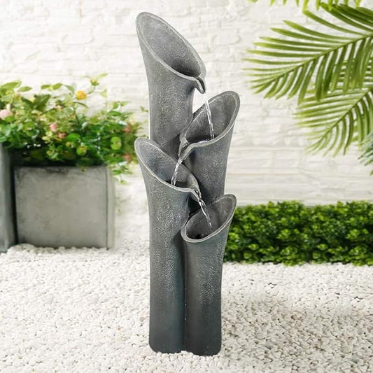 PeterIvan Waterfall Garden Fountain w/ LED Lights - 33 1/2” H Curved Cascading Indoor Outdoor Water Fountain with Built-in Quiet Pump&LED Lights, Perfect Garden Water Feature, Patio Fountain
