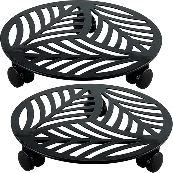 2 Packs Large Metal Plant Caddy with PU Wheels 12" Heavy-Duty Wrought Iron Rolling Plant Stands Indoor Outdoor Wheeled Plant Dolly Planter Mover Rollers Plant, Leaf Style