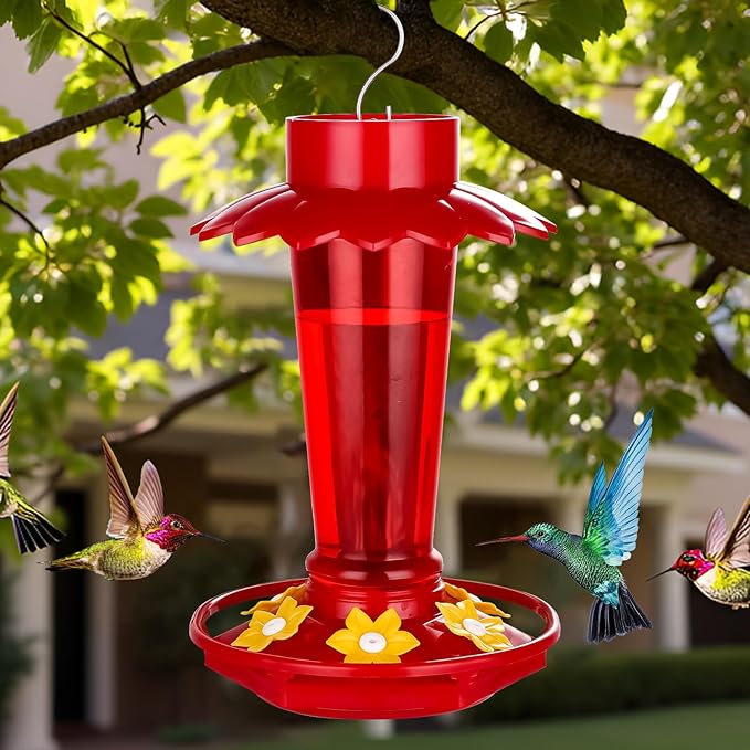 Plastic Hummingbird Feeders for Outdoors Hanging, 10 OZ Red Humming Bird Feeder with 6 Feeding Ports and Perch, Built-in Ant Moat, Gifts for Women Garden Decor, 1 Pack