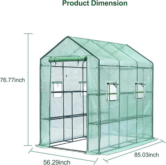 Greenhouse, 57 x 85 x 77'' Greenhouses for Outdoors, with Mesh Side Windows, PE Cover, 8 Shelves, Heavy Duty Walk in Green House for Backyard Garden Indoor, White& Green Outside