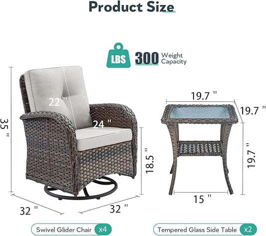Outdoor Swivel Glider Rocker Chairs Set of 4 - Wicker Patio Furniture Set All Weather Patio Conversatio Sets with 2 Tempered Glass Side Table for Deck Backyard - Brown Wicker Beige Cushion