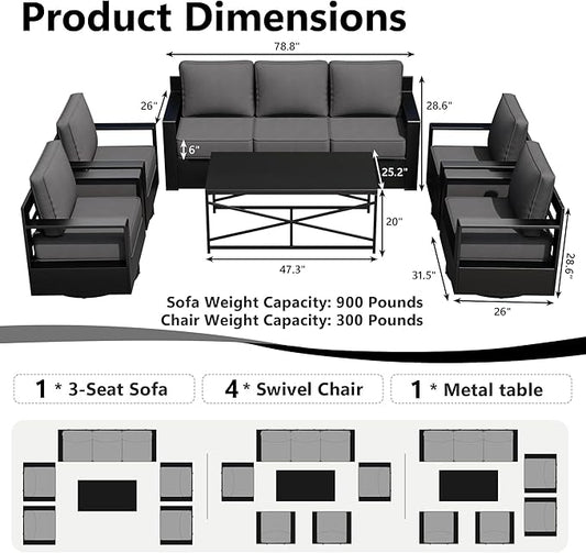 Outdoor Patio Furniture Set, 6-Piece Aluminum Patio Conversation Set All-Weather Metal Outdoor Sectional with 6 Inch Thick Cushions, Deep Setting for Garden, Outside and Porch