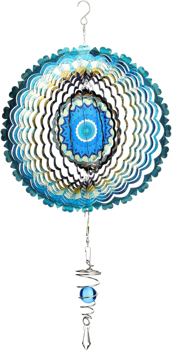 12 Inch Mandala Wind Spinners with Gazing Ball Spiral Tail, Outdoor 3D Stainless Steel Hanging Spinner Mandala Wind Catchers Sculpture for Indoor Outdoor Garden Yard Decoration(Blossom)