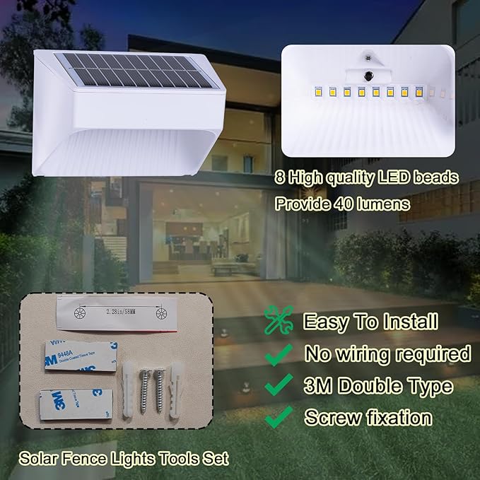 Outdoor Solar Lights, Warm White Decorative Solar Fence Lights, for Gardens, Swimming Pools, Decks, Fences, Patios, Front Doors, Stairs, Landscapes, Courtyards, and Driveway Paths, Pack of 8