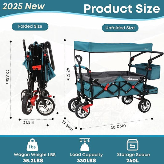 Collapsible Wagon with Canopy,330lbs Cart, Collapsible Foldable Garden Cart- with Adjustable Push Pulling Handles Outdoor Utility Wagon for Beach Garden Camping, Blue