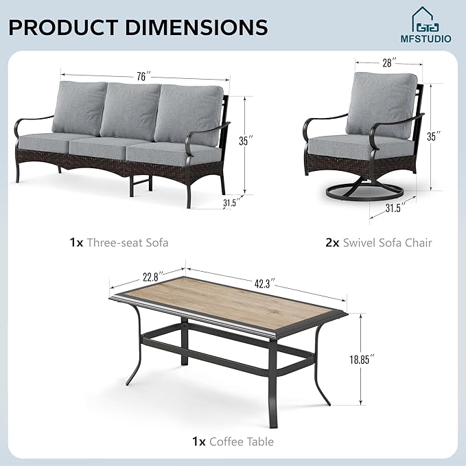 MFSTUDIO 4 Pieces Outdoor Patio Furniture Set, Metal Outdoor Conversation Set, Rattan Wicker Patio Sectional with 2 x Swivel Single Sofa, 3-Seat Sofa, 1 x Coffee Table, Grey