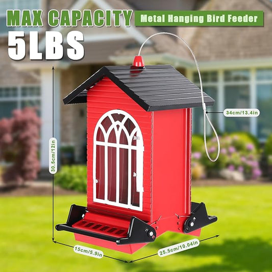 Squirrel Proof Bird Feeder for Outdoors,5LB Large Capacity,Metal Wild Bird Seed Feeder with Bilateral Weight-Activated Perches for Outside Hanging,Finch,Cardinal,Blue Jay,Garden Decoration,Red