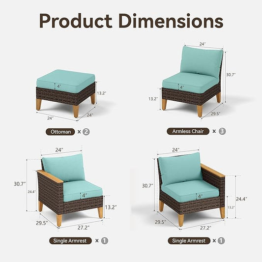 GREEN PARTY 7 Pieces Wicker Patio Furniture Set, All-Weather Outdoor Rattan Patio Sectional Sofa Conversation Set with 4" Thick Cushions for Garden, Backyard, 2 x Ottomans (Blue)