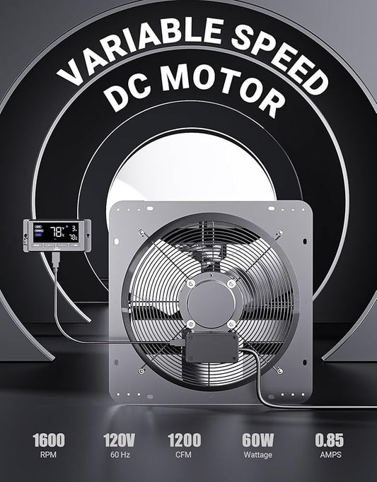 iLiving 14" Wall Mounted Shutter Exhaust Fan, Automatic Shutter, Temperature and Humidity Controls with Variable Speed, 1200 CFM at 1600 RPM DC Motor