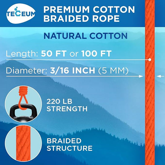 TECEUM Cotton Rope 3/16” (5 mm) – 100 FT – Strong All-Purpose Braided Rope – Natural Cotton – for Crafting, Сamping, Clothes Line, DIY, Indoor & Outdoor Use – Orange