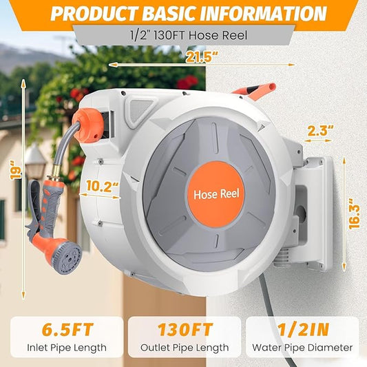 Retractable Garden Hose Reel, EliteEdge 1/2 In x 130 Ft With 9 Function Sprayer Nozzle, Any Length Lock, Automatic Rewind and Slow Return System, Wall Mounted and 180 Deg Swivel Bracket