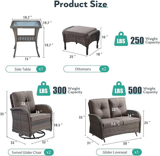 Outdoor Swivel Glider Rocker Chairs Set- 6 Piece Patio Furniture Set with A Glider Loveseat, Tempered Glass Side Table and 2 Ottoman, for Balcony, Porch - Brown Wicker, Grey Cushion