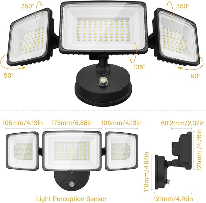 Onforu 100W Dusk to Dawn Outdoor Lighting, 9000LM Exterior Led Flood Lights, IP65 Waterproof 3 Adjustable Heads Security Black Lights Fixture, 6500K Photocell Floodlights for Garage, Patio, Yard