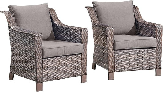 Outdoor Wicker Chair Set of 2-Outdoor Patio Chairs with Deep Seating Patio Dining Chairs for Deck Balcony Poolside Backyard-Brown/Grey