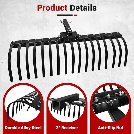 48" Durable Tow Behind Landscape Rake Tractors Rake Fits 2" Receiver for Lawn Tractors or ATV/UTV,Black