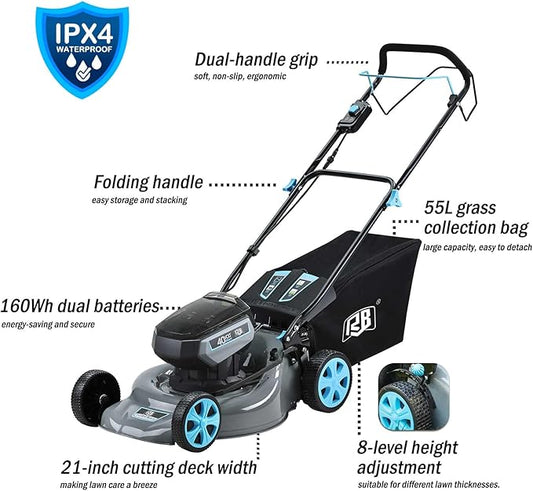 RB 80V Battery Power Lawn Mower 18” Cordless 7 Cutting Heights Adjustable Lawnmower Brushless Motor Low Noise 4 in 1 Push Mower with Fast Charger and 2 x40V 4.0AH Battery