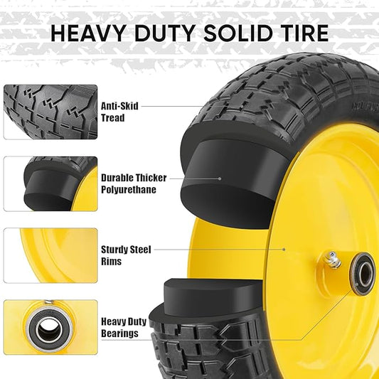 TICONN 4.80/4.00-8 Tire, 16" Flat Free Wheelbarrow Tire and Wheel, Solid Replacement Tires with 3" Centered Hub, 5/8" 3/4" Bearings, Universal Fit 4.80/4.00-8, 3.50/3.00-8, 4.00-6 (Yellow)