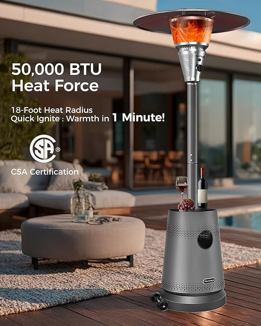 50,000 BTU Patio Heater for Outdoor Use, Portable Propane Patio Heater with Wheels, Stainless Steel Burner for Porch Deck Garden (Basic Black)