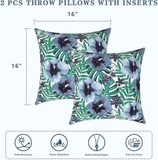 LVTXIII Outdoor Throw Pillows, Decorative Throw Pillows with Inserts, 16"x16" Square Pillows for Bed, Couch, Sofa and Patio Furniture, Set of 2, Blue Salmone Tropical
