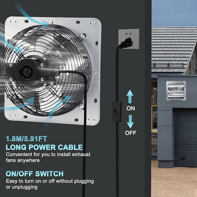 Criditpid 7 Inch Shutter Exhaust Fan, Garage Exhaust, Wall Exhaust Fan with ON/OFF Switch for Gable, Shed, Garage, Basement, Greenhouse, Kitchen, Attic, Chicken Coop Ventilation, 760 CFM, 1600 RPM.