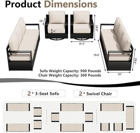 Outdoor Patio Furniture Set, 4-Piece Aluminum Patio Conversation Set All-Weather Metal Outdoor Sectional with 6 Inch Thick Cushions, Deep Setting for Garden, Outside and Porch