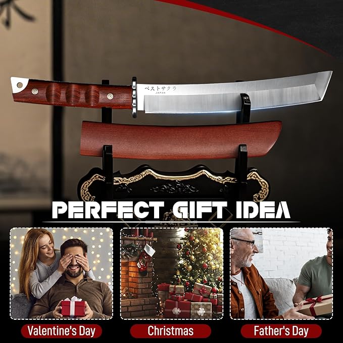 Japanese Fixed Blade Knife - Tanto Knives with Wooden Sheath - Survival Knives with Full Tang Handle - Bushcraft knives for Camping Outdoor, Gifts for Men