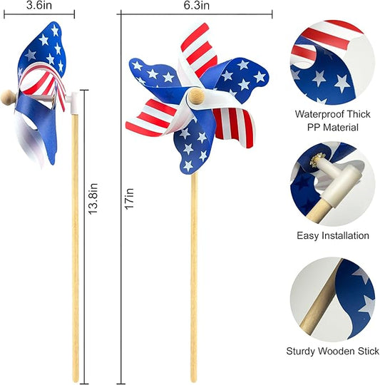 IiILittle 12 Pack Patriotic Pinwheels, No Assembly Required, American Flag Pinwheels, Wind Spinners for Yard for 4th of July Decor, Memorial Day Decor, Patriotic Outdoor Decor