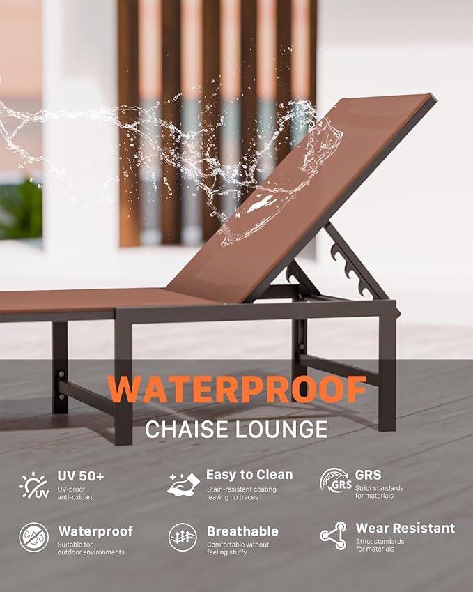 Chaise Lounge Chair Outdoor, Aluminum PatioChairs with 5 Adjustable Backrest and HeadrestPillows for Outside Beach,Brown