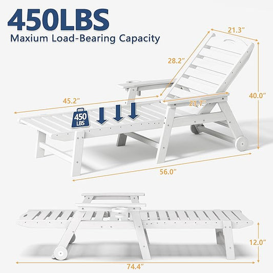 Patio Chaise Lounge Chair, HDPE Outdoor Lounge Chairs with 5-Position Adjustable Backrest, Cup Holder and Wheels, 450lbs Capacity for Poolside Deck Backyard, All Weather Material(White)