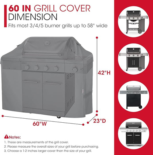 Unicook Gas Grill Cover for Outdoor Grill, 60 Inch BBQ Cover, Heavy Duty Waterproof, Fade Resistant Barbecue Protector Compatible with Weber Char-Broil Nexgrill BBQs up to 58" Wide, Gray