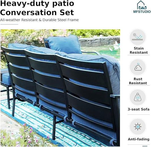 MFSTUDIO 6 Pieces Patio Furniture Sets with 45" Gas Fire Pit Table(Up to 7 Seat), Metal Frame Outdoor Conversation Sofas with 1 x 3-Seat Sofa, 2 Rocking Chairs and 2 Ottoman, Peacock Blue Cushion