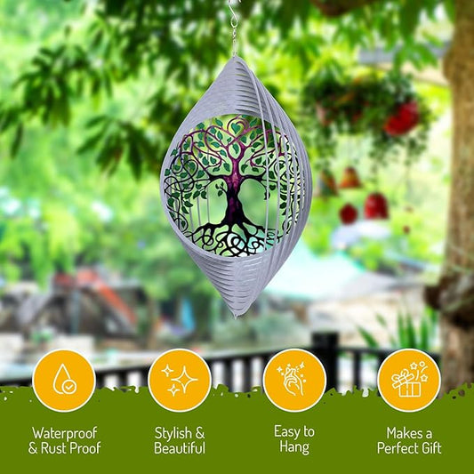 ISEO Tree of Life Wind Spinner for Yard and Garden, Hanging Outdoor Decor, Yard Art, Porch and Patio Decorations, Metal Wind Spinners Outdoor, Weather Resistant, 15”