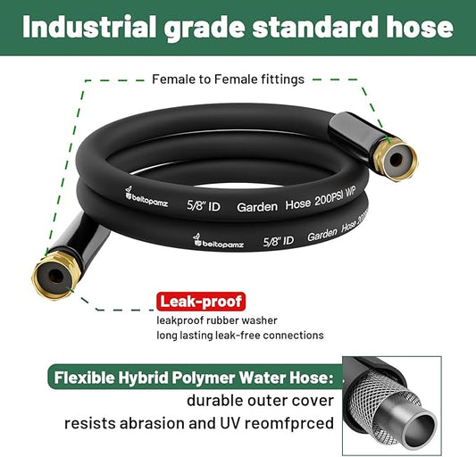 Short Garden Hose 5 ft x 5/8" Female to Female, Heavy Duty Small Water Hose Extend Connector, Leak-Free Connections Hybrid Rubber Leader Hose with 3/4" Double GHT Fittings, Black