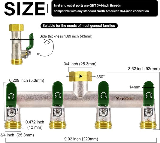 4 Way Garden Hose Splitter, Heavy Duty Brass Nickel Plated Rust Resistant Faucet Manifold, 3/4" Frost Resistant Outdoor Hose Adapter Connector,Hose Spigot Adapter with 4 large Green handles