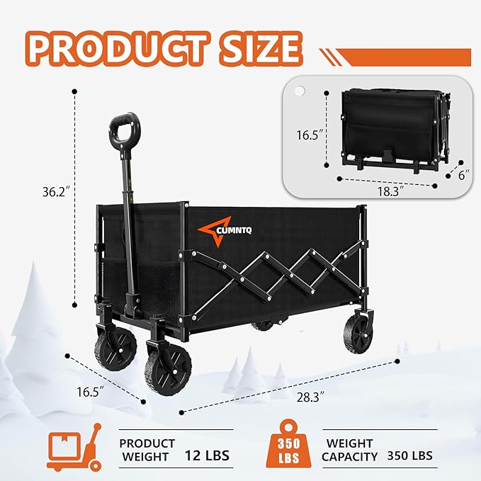 Collapsible Folding Wagon, 350lb Weight Capacity Collapsible Wagon with All-Terrain Wheels, Cup Holders and Adjustable Handle Utility Wagon, for Grocery Camping Garden Sports Shopping, Black
