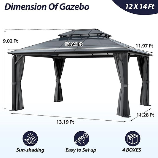 12' x 14' Hardtop Gazebo, Outdoor Polycarbonate Double Roof Gazebo with Metal Frame Permanent Pavilion with Netting& Curtains for Garden, Patio