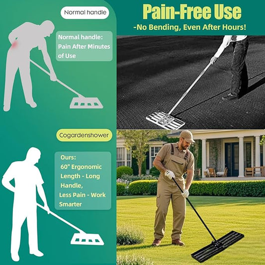 Lawn Leveling Rake 30 x 10 Inch Stainless Steel Heavy Duty Ground Leveler, Flipping-Resistant Smooth Edge, Adjustable Handle 28–60 Inches for Backyard Landscape, Garden, Golf Course, Farm, Pasture.